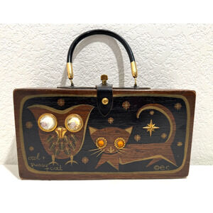 Enid Collins Owl + Cat Decor Purse Wood Box Bag Vintage Texas Jeweled 1965 Brown